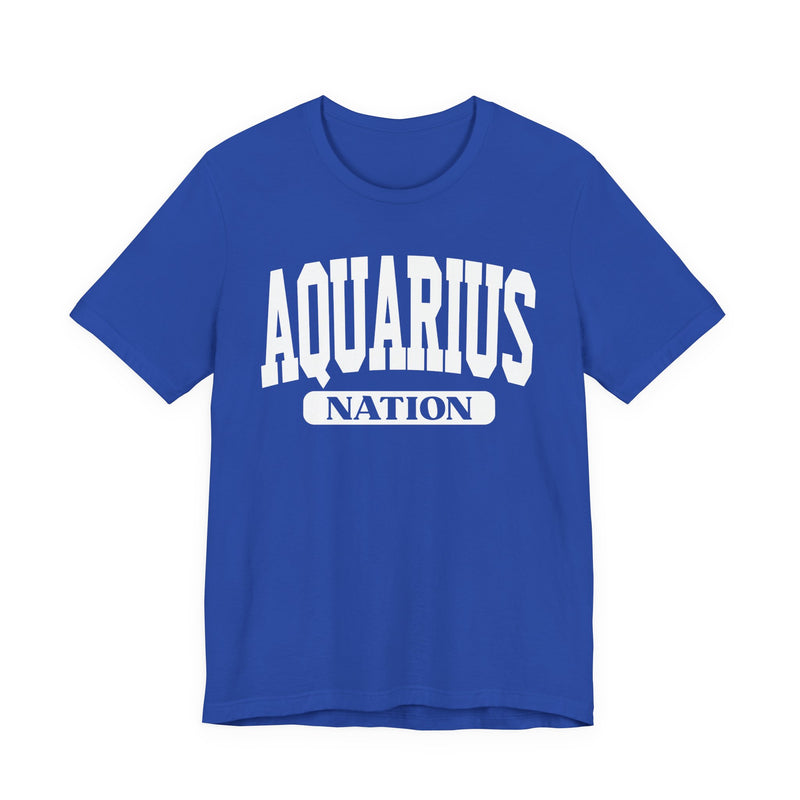 Royal blue T-shirt with white arched AQUARIUS collegiate lettering and NATION banner below, front view
