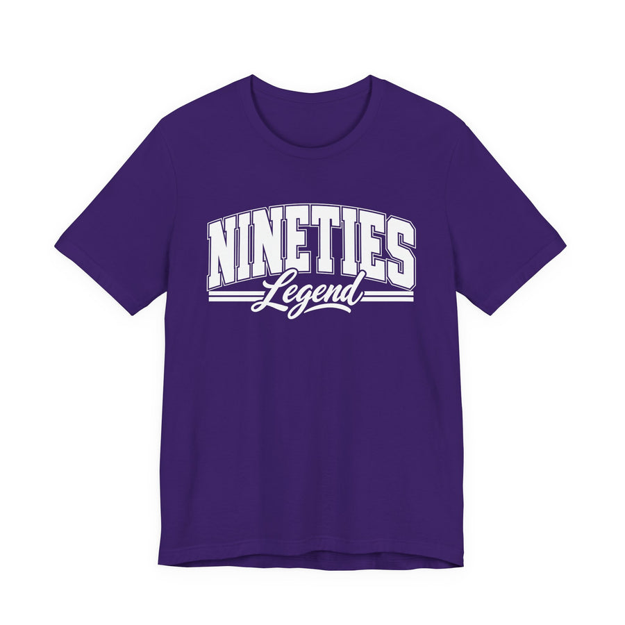 T-shirt with bold lettering reading NINETIES LEGEND, product view.
