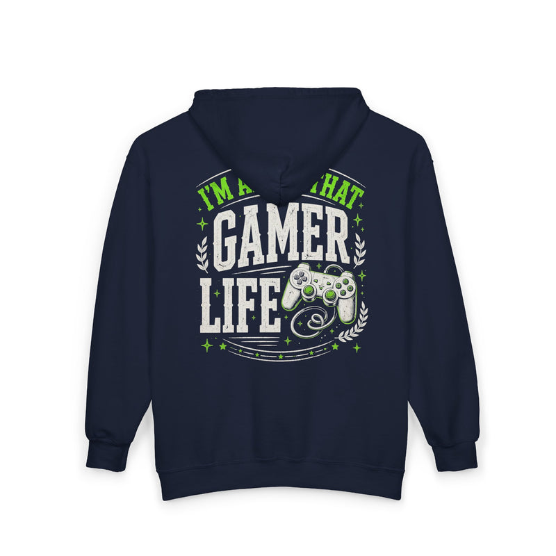Navy zip hoodie with white and green bubble lettering reading I'M ABOUT THAT GAMER LIFE, back.