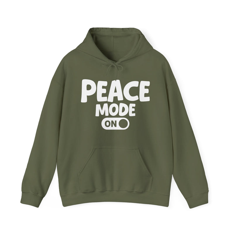 Hoodie in Military Green with lettering reading "Peace Mode On", front view.
