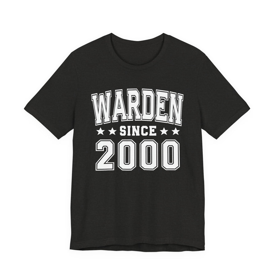 Black t-shirt with white collegiate lettering reading WARDEN SINCE 2000, front view.
