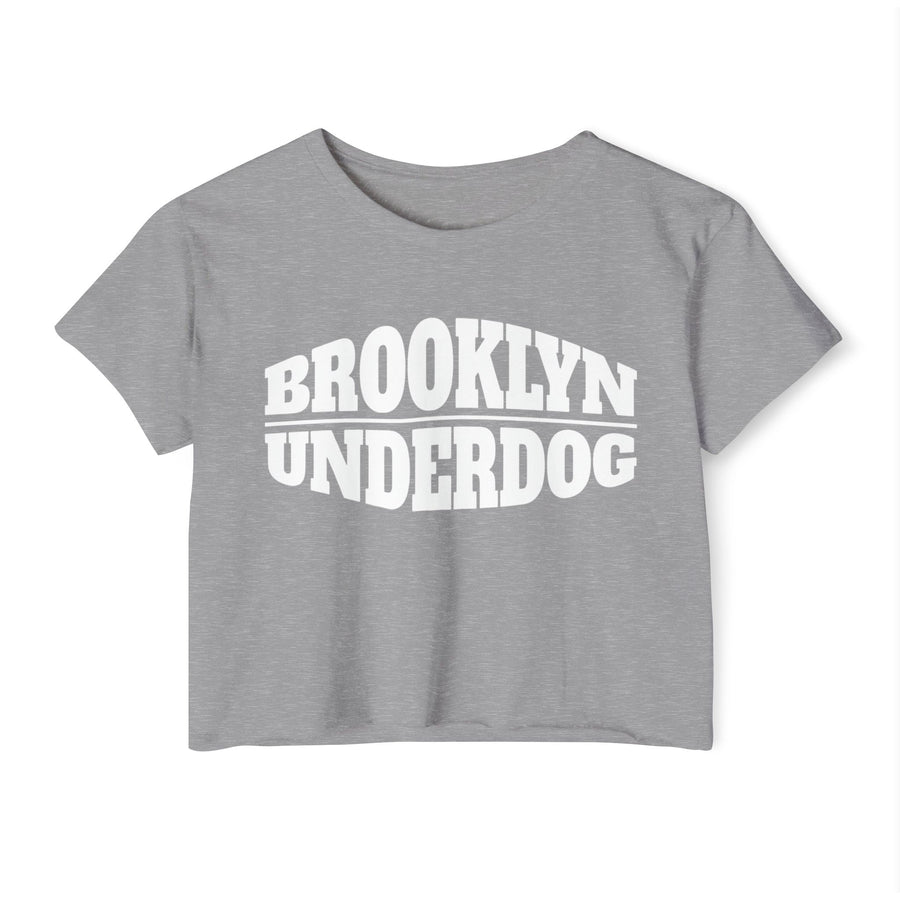 Heather Grey crop top with white arched BROOKLYN and inverted-arch UNDERDOG collegiate print, front flat-lay view