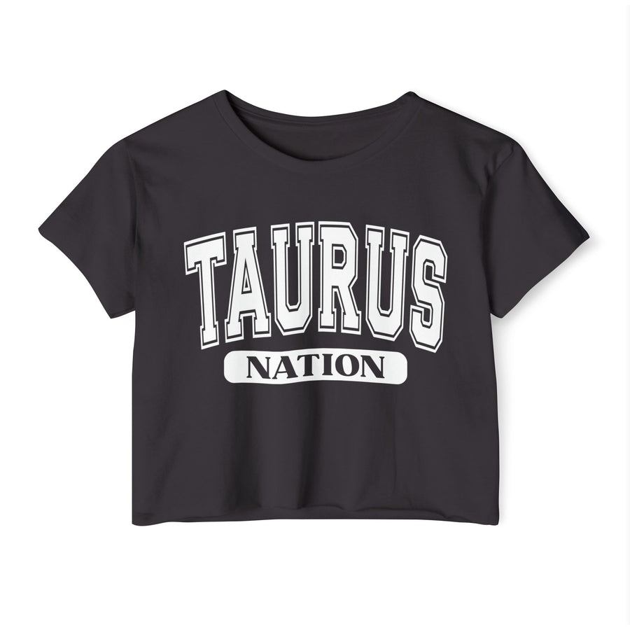 Black crop top with white arched collegiate TAURUS lettering and NATION in a boxed tab, front view.