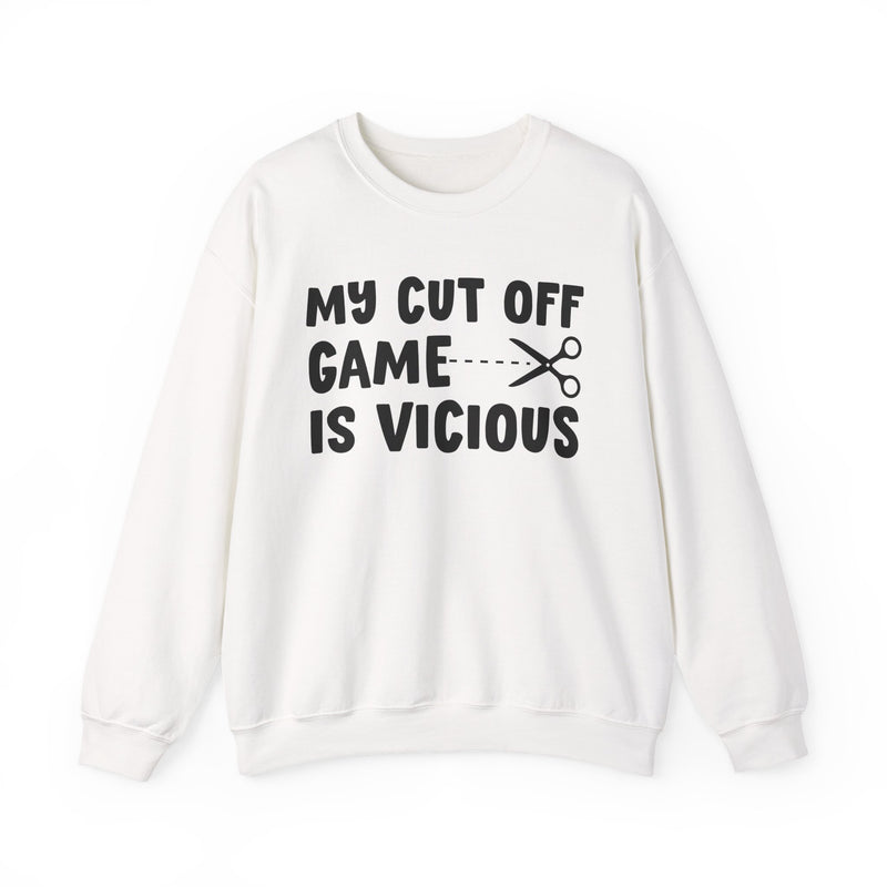 White sweatshirt with milgreen collegiate lettering reading MY CUTOFF GAME IS VICIOUS, flat-lay view.