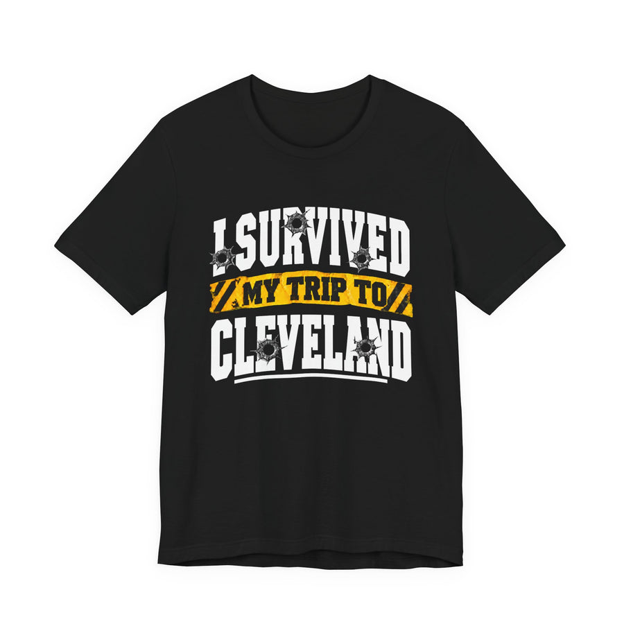 T-Shirt product with collegiate lettering reading I SURVIVED MY TRIP TO CLEVELAND, front view.