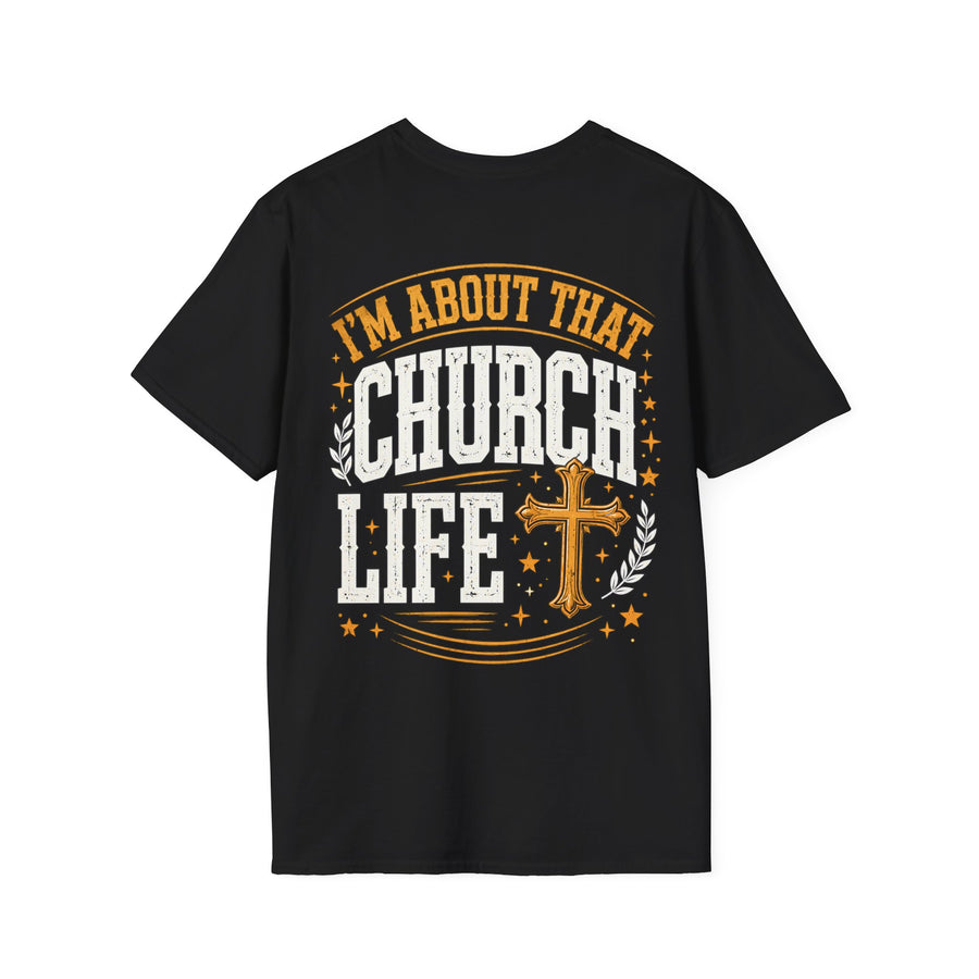 T-Shirt with text design reading “I'M ABOUT THAT CHURCH LIFE”, front view