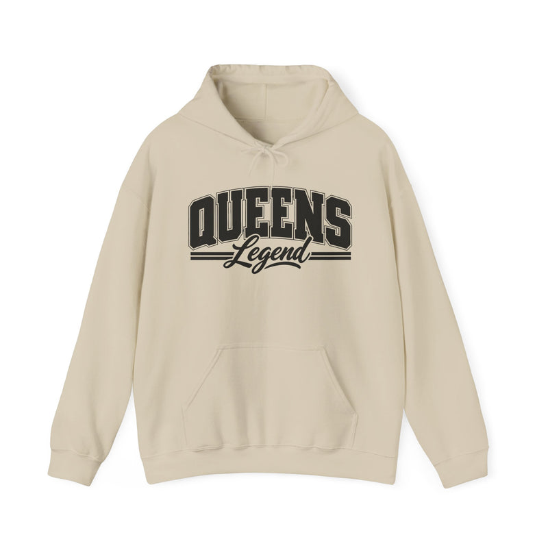 Sand hoodie with black varsity block and script lettering reading QUEENS LEGEND, front flat-lay view.