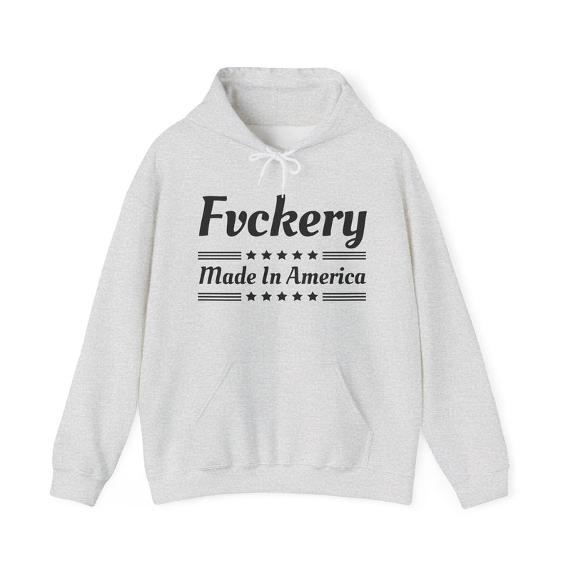 Fuckery Made In The USA — Hoodie fabric detail close-up: FUCKERY MADE IN THE USA in bold statement lettering. Street Talk Designs politics and power statement apparel.