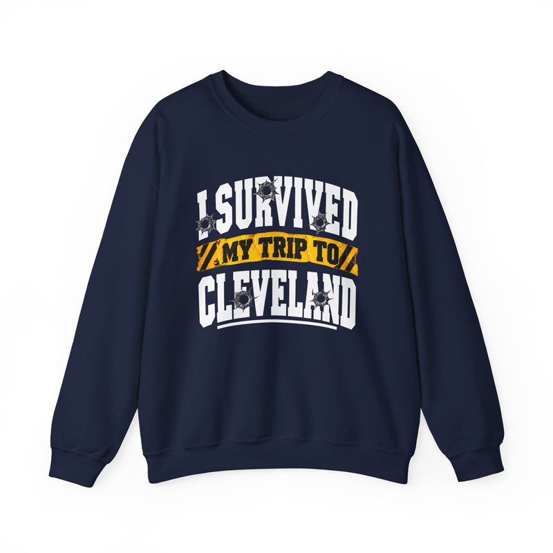 Sweatshirt product with collegiate lettering reading I SURVIVED MY TRIP TO CLEVELAND, front view.