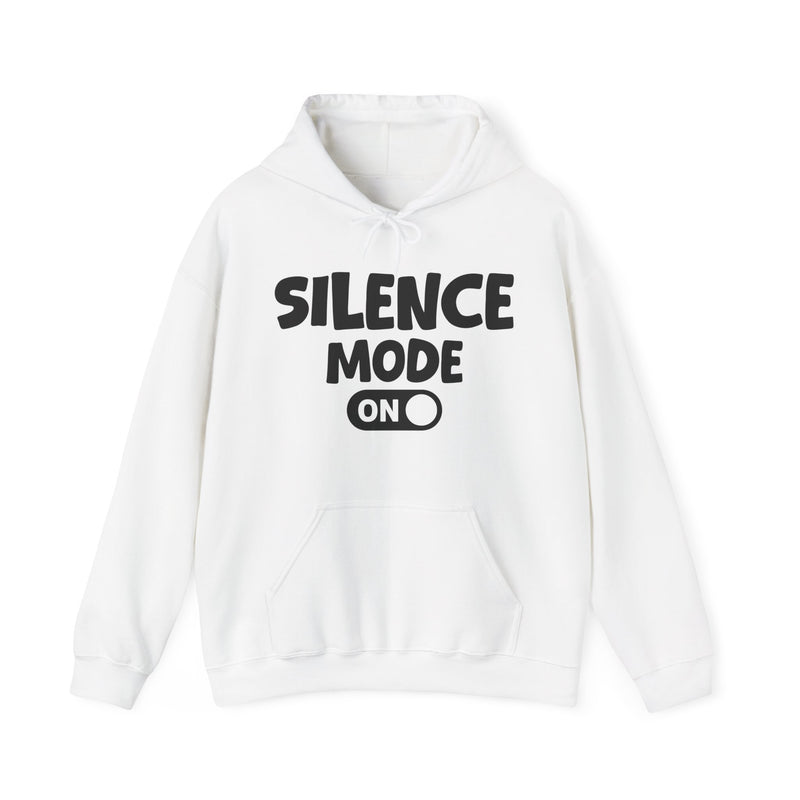 White-color hoodie with white bubble lettering reading SILENCE MODE ON, front.