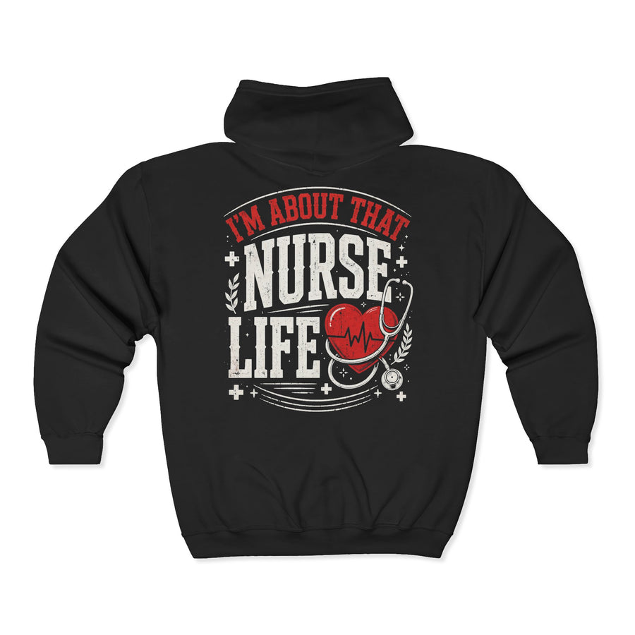 Black hoodie with white and red lettering reading "I'M ABOUT THAT NURSE LIFE", back view.