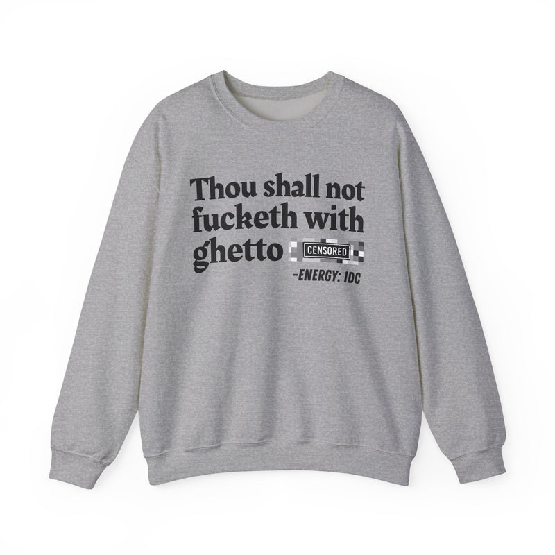 T-Shirt with text design reading “THOU SHALL NOT FUCKETH WITH GHETTO CENSORED BITCH VINTAGE FUNNY BIBLE PRINT SLOGAN T-SHIRT V2”, front view