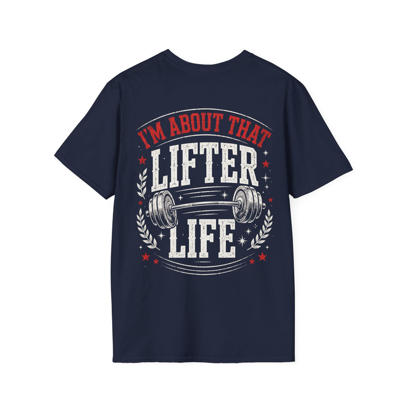 Navy t-shirt with white and red bubble lettering reading I'M ABOUT THAT LIFTER LIFE, back.