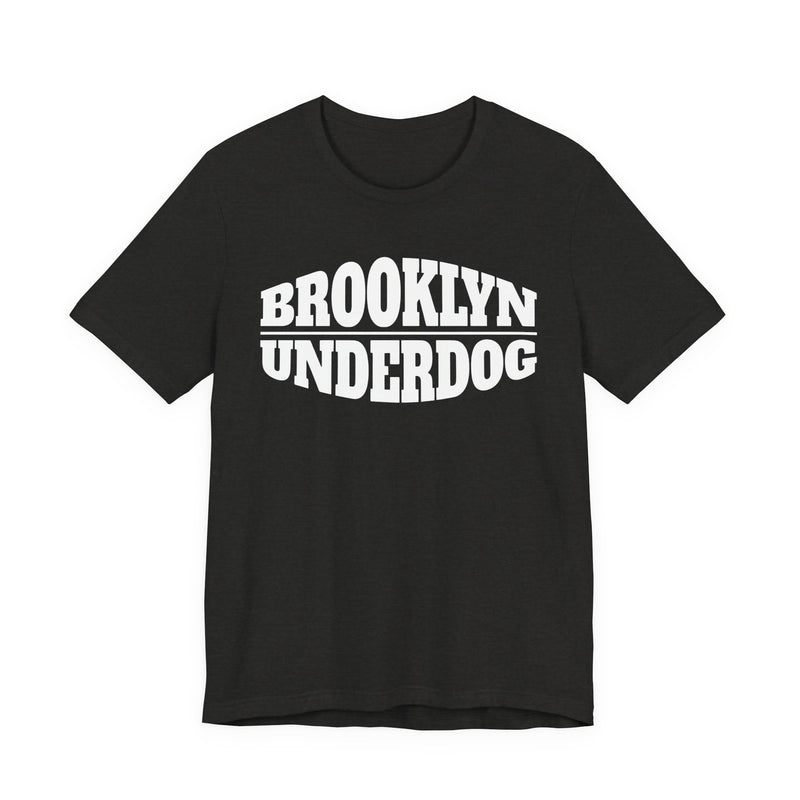 Black Heather T-shirt with white arched BROOKLYN and inverted-arch UNDERDOG collegiate print, front flat-lay view