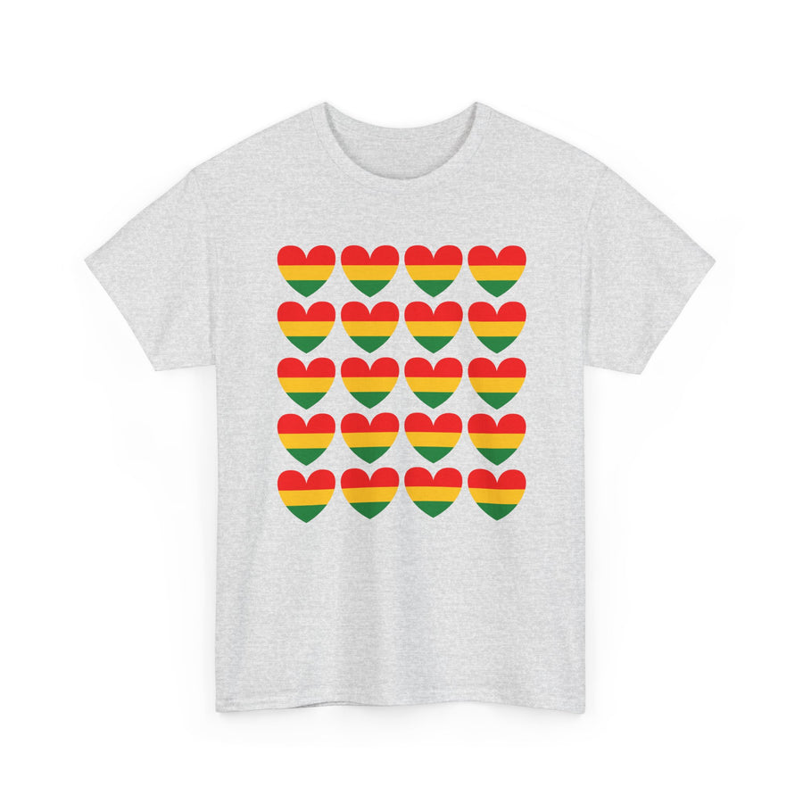Pan African Heart Grid Pattern — T-Shirt front view: PAN AFRICAN HEART GRID PATTERN in bold statement lettering. Street Talk Designs culture statement apparel.