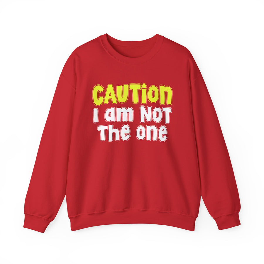 Sweatshirt in Black with lettering reading Caution I Am Not The One, front view