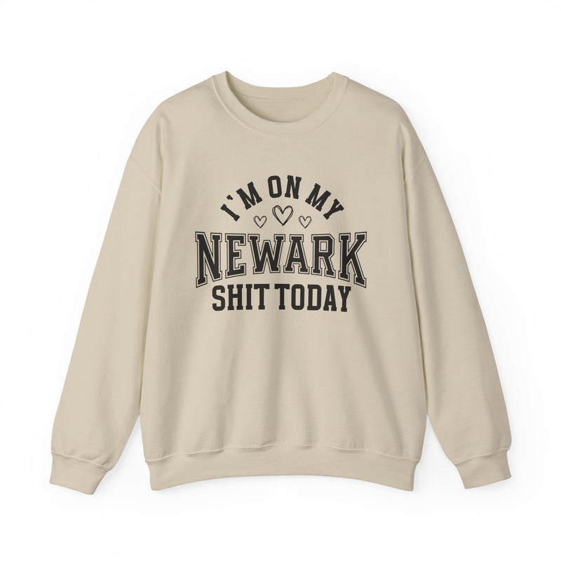 Sweatshirt with collegiate lettering reading I'M ON MY NEWARK SHIT TODAY, front view.