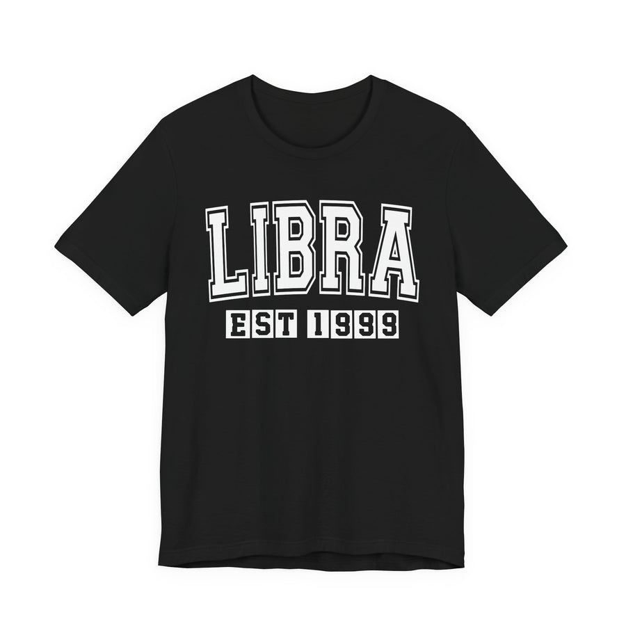 Black t-shirt with white arched LIBRA lettering and boxed EST 1999 print, front view.
