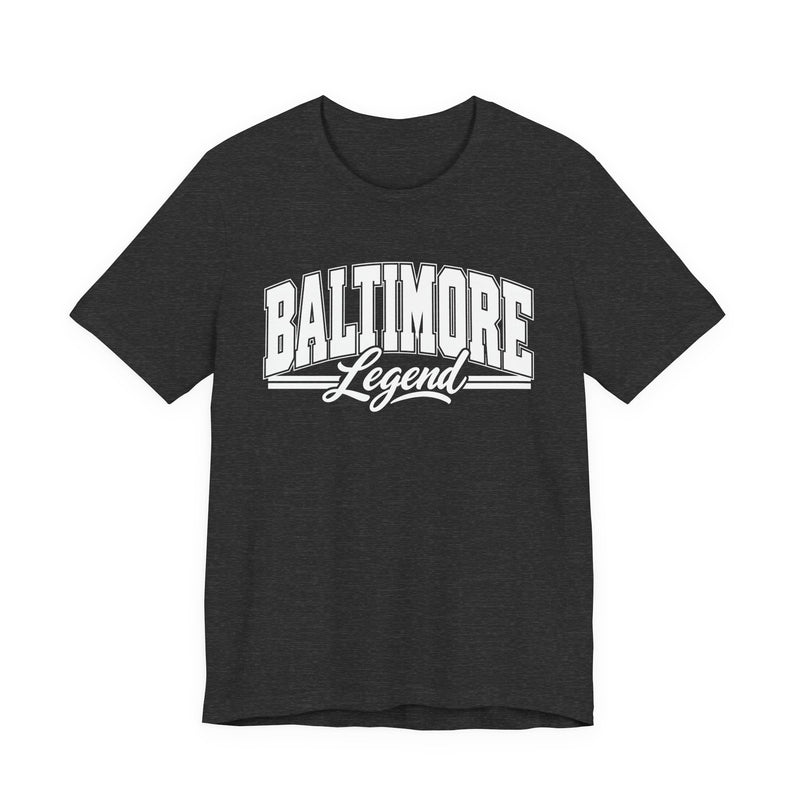 T-Shirt product with collegiate lettering reading BALTIMORE LEGEND, front view.