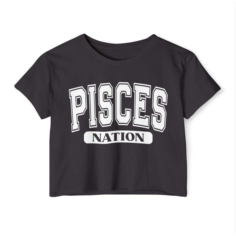 Charcoal crop top with white arched collegiate PISCES lettering and boxed NATION print, front view.