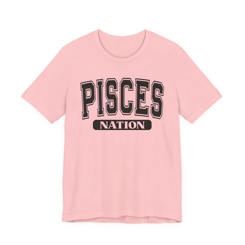 Pale pink T-shirt with black arched collegiate PISCES lettering and boxed NATION print, front view.