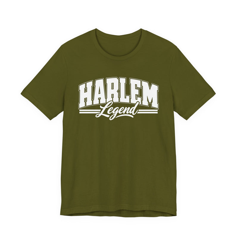 T-Shirt product with collegiate lettering reading HARLEM LEGEND, back view.