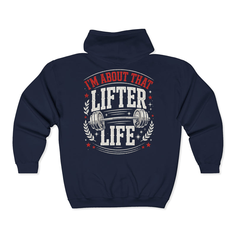 Navy zip hoodie with red and white bubble lettering reading I'M ABOUT THAT LIFTER LIFE, back view.