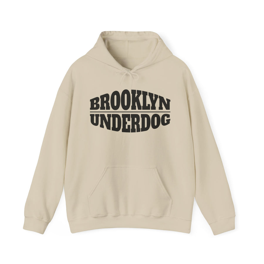 Sand hoodie with black arched BROOKLYN and inverted-arch UNDERDOG collegiate print, front flat-lay view