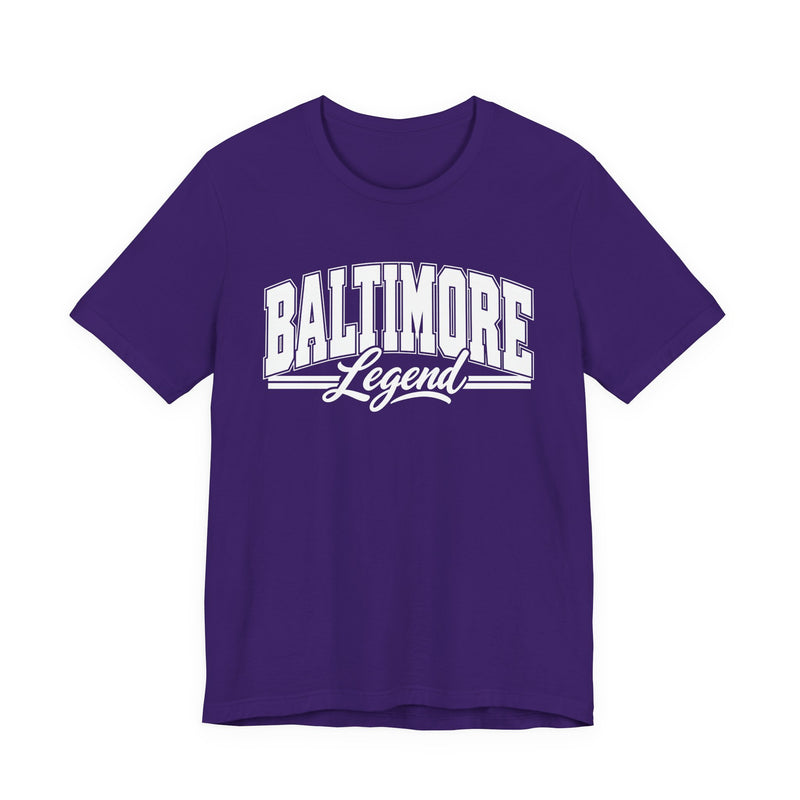 T-Shirt product with collegiate lettering reading BALTIMORE LEGEND, front view.
