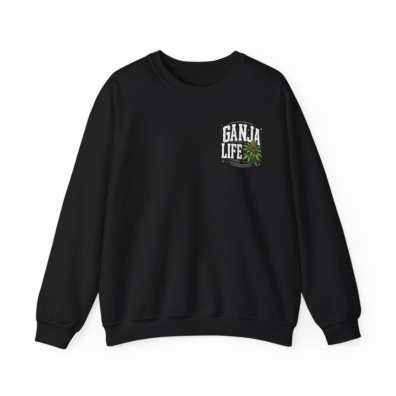 Sweatshirt with white block lettering reading I'M ABOUT THAT GANJA LIFE, fabric detail close-up. Street Talk Designs 420 friendly statement apparel.