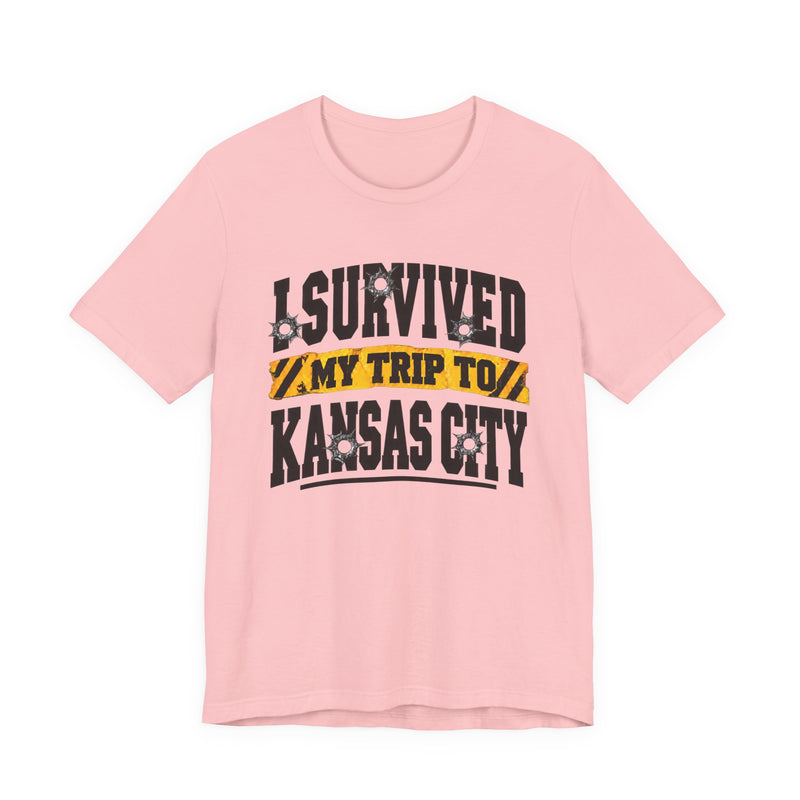 T-Shirt product with collegiate lettering reading I SURVIVED MY TRIP TO KANSAS CITY, on-model view.