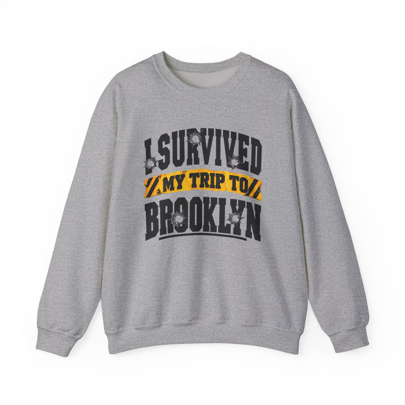 Sweatshirt with collegiate lettering reading I SURVIVED MY TRIP TO BROOKLYN, front view.