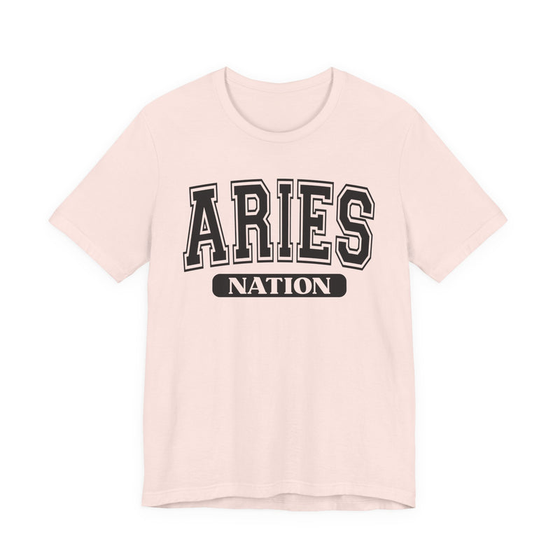 Soft Pink t-shirt with black arched collegiate ARIES lettering and boxed NATION banner, front view.