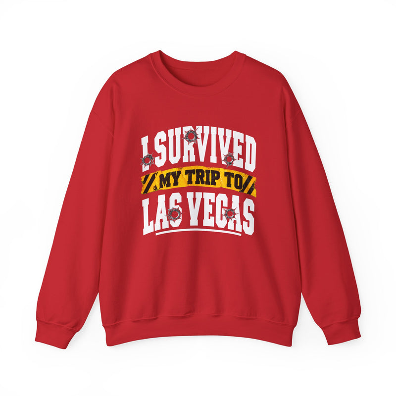Sweatshirt with collegiate lettering reading I SURVIVED MY TRIP TO LAS VEGAS, front view.
