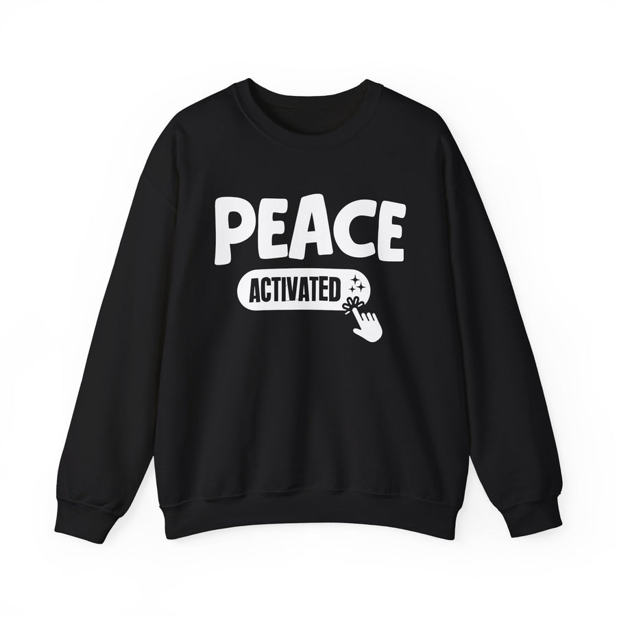 Sweatshirt in Black with lettering reading "PEACE ACTIVATED", front view.