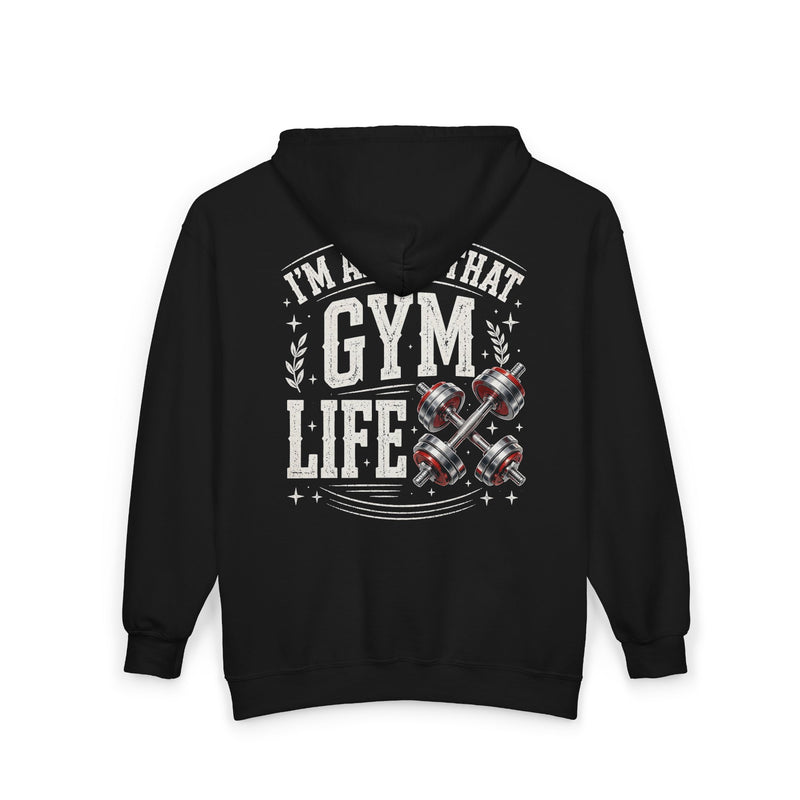 Charcoal zip hoodie with white and red lettering reading "I'M ABOUT THAT GYM LIFE", back view.