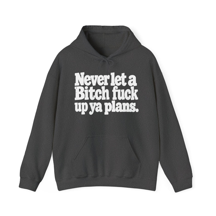 Graphic hoodie with bold statement lettering reading "NEVER LET A BITCH FUCK UP YA PLANS", front view, product mockup