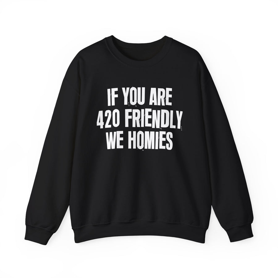 If You Are 420 Friendly We Homies — Sweatshirt front flat-lay: “IF YOU ARE 420 FRIENDLY WE HOMIES” in bold printed block lettering. Street Talk Designs 420-friendly statement apparel.