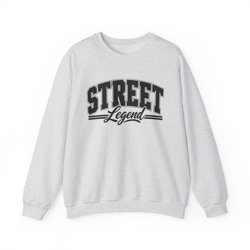 Sweatshirt product with collegiate lettering reading STREET LEGEND, flat lay.