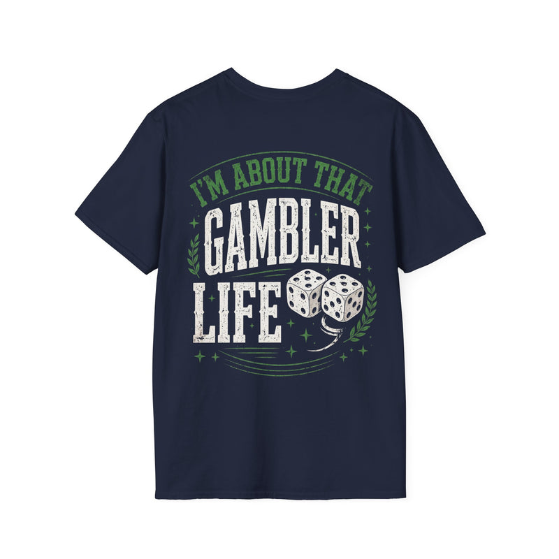Navy t-shirt with small I'M ABOUT THAT GAMBLER LIFE chest emblem, alternate view.