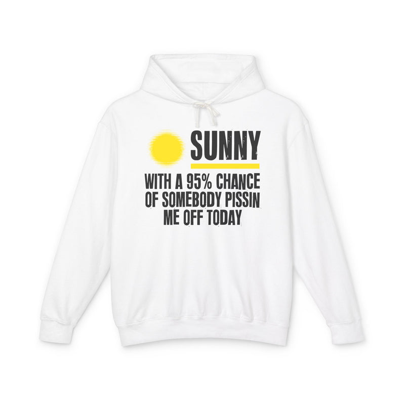 Sunny With A 95% Chance Of Somebody Pissin Me Off Today — Hoodie fabric detail close-up: yellow sun icon beside SUNNY, over WITH A 95% CHANCE OF SOMEBODY PISSIN ME OFF TODAY, white distressed print with yellow accents on navy. Street Talk Designs sarcastic statement apparel.