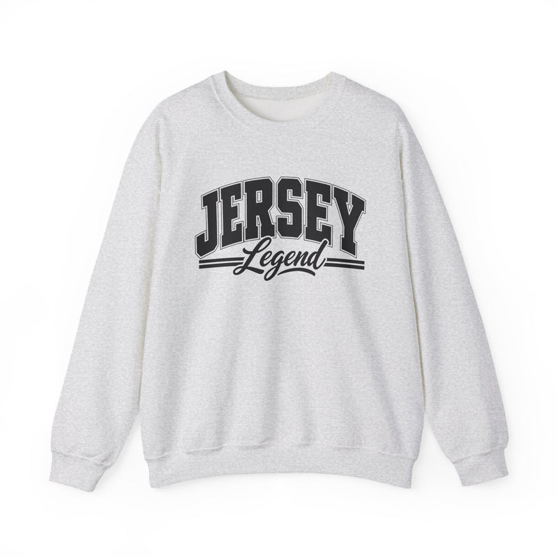 Sweatshirt product photo with arched collegiate block lettering reading "JERSEY" with the word "Legend" in script beneath, front view.