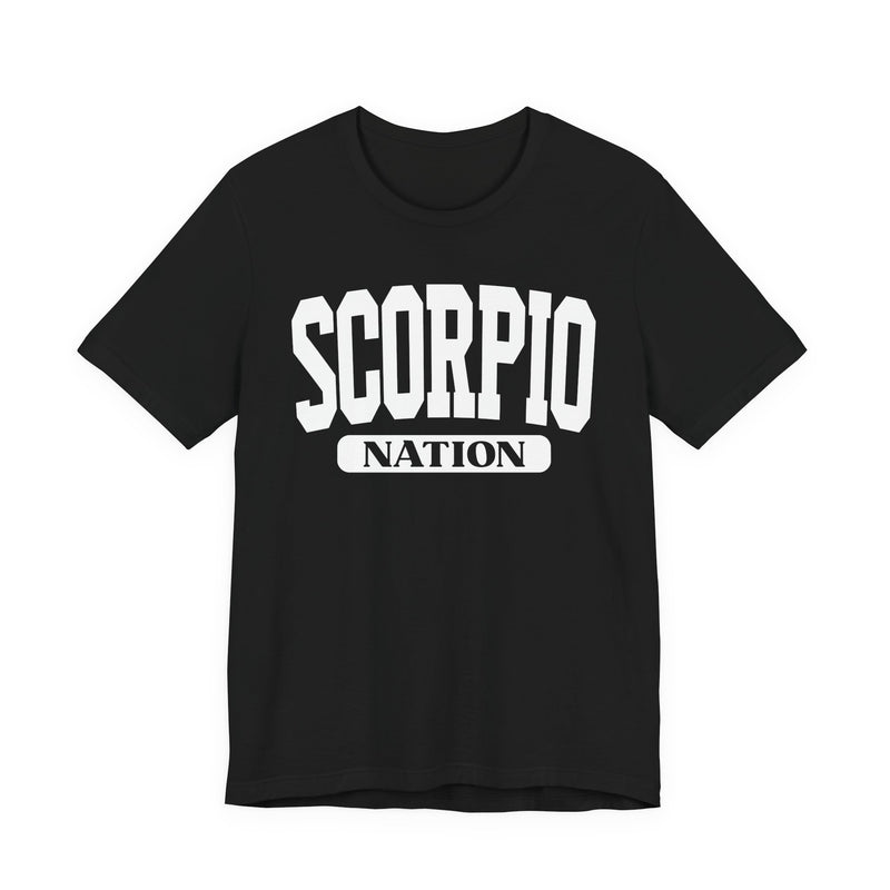 Black t-shirt with white arched collegiate SCORPIO lettering over a NATION banner, front view.