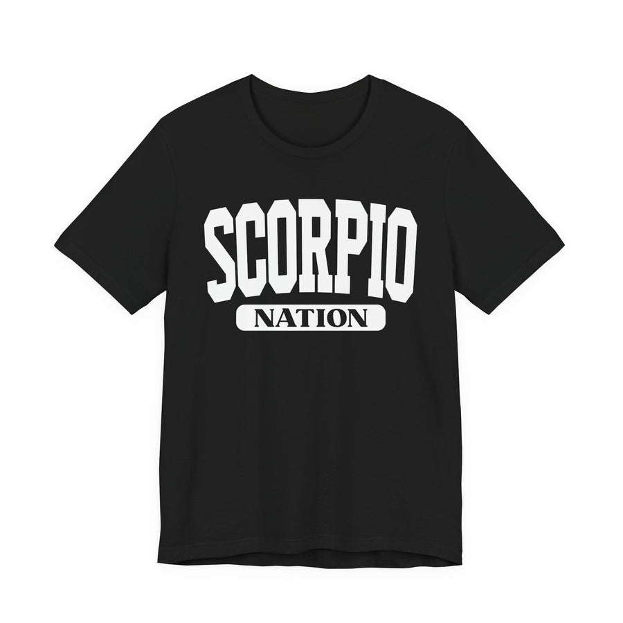 Black t-shirt with white arched collegiate SCORPIO lettering over a NATION banner, front view.