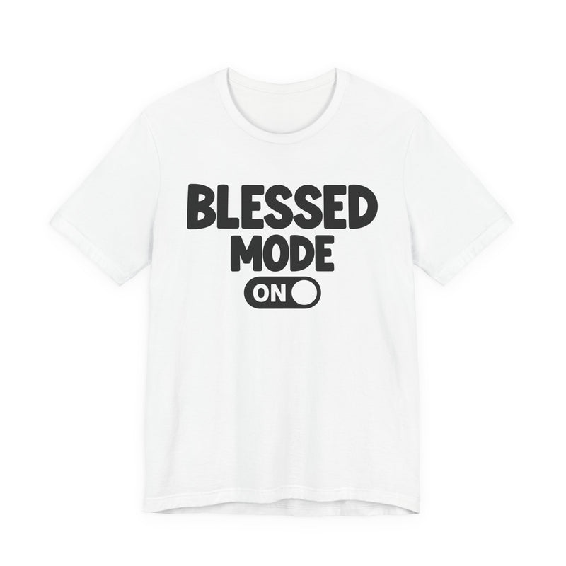 T-Shirt with text design reading “PRAISE MODE ON”, front view