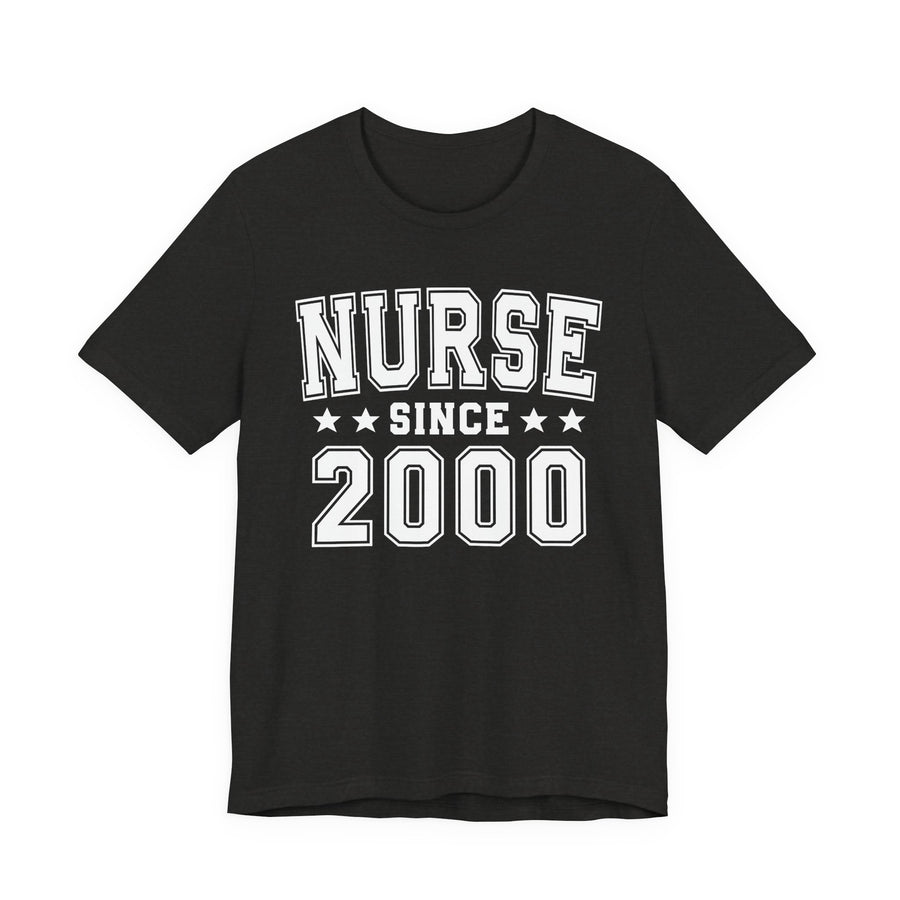 Black Heather t-shirt with white collegiate lettering reading "NURSE SINCE [year]", front flat-lay view.