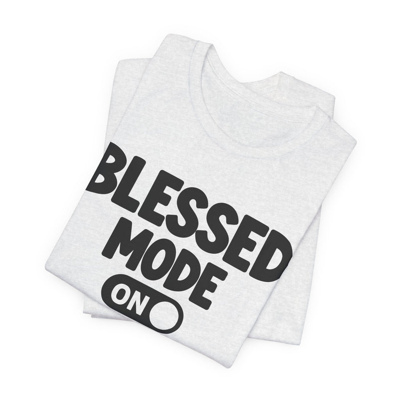 T-Shirt with text design reading “PRAISE MODE ON”, front view