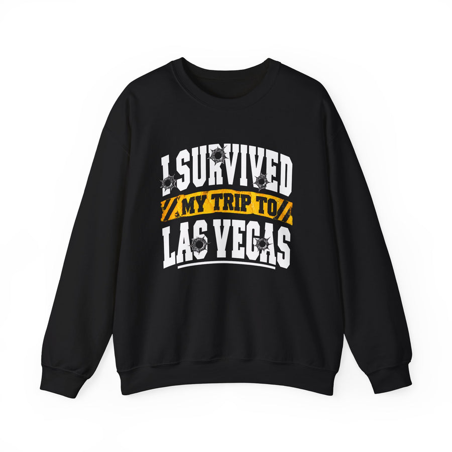 Sweatshirt with collegiate lettering reading I SURVIVED MY TRIP TO LAS VEGAS, front view.