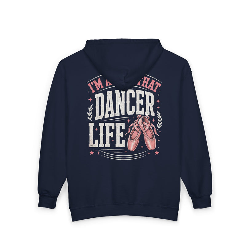 Navy hoodie with dark bold dancer-pride lettering reading I'M ABOUT THAT DANCER LIFE, front flat-lay view.