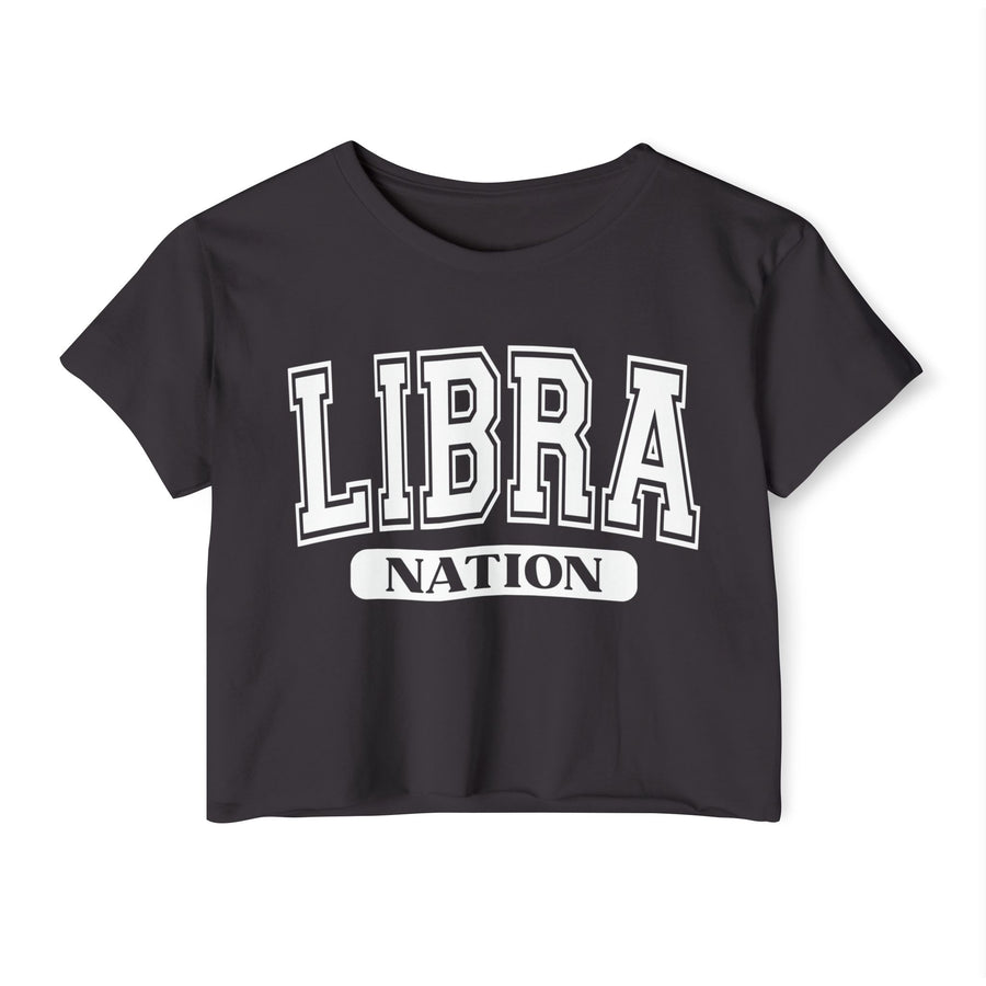 Black crop top with white arched collegiate LIBRA lettering and boxed NATION print, front view.